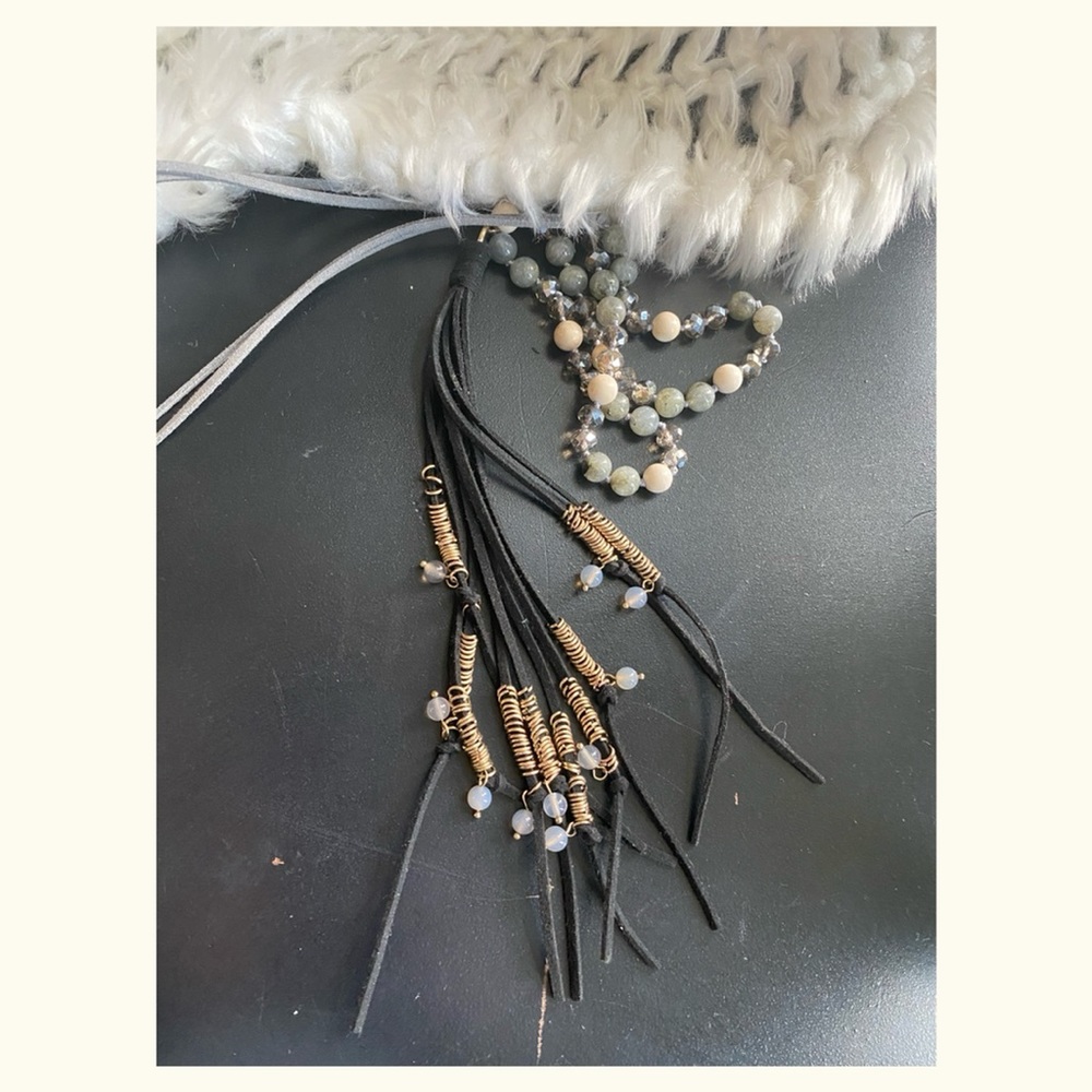 Gray Leather Tassel Necklace